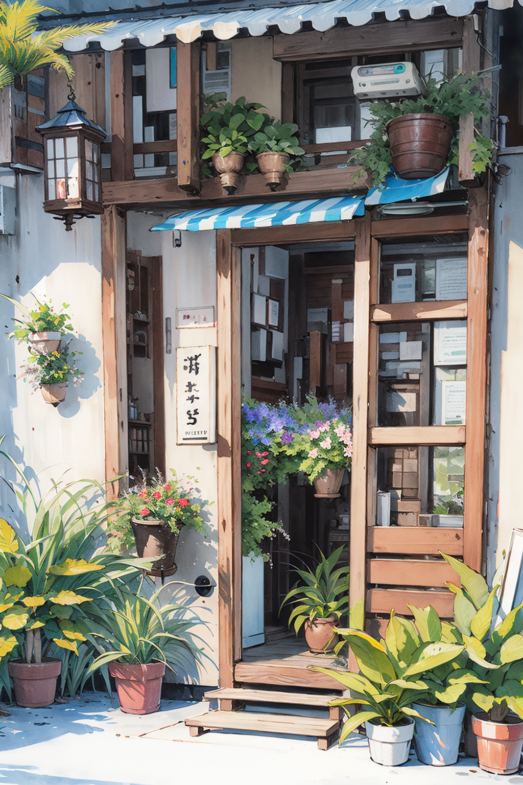 03799-2063530531-no humans, plant, window, potted plant, house, door, scenery, outdoors, traditional media, flower pot, building, pillow, (illust.png